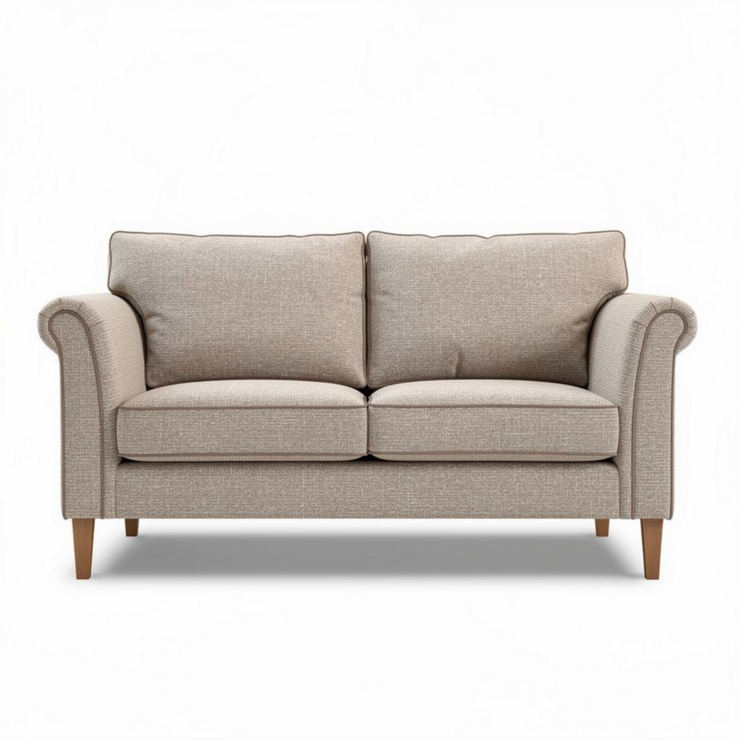 Tweed bankstellen met houten poten 150 x 80 x 85cm beige kleur