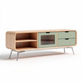 Lage tv-meubel van hout met groen gelakte lades en glasdeur 120 x 40 x 45cm
