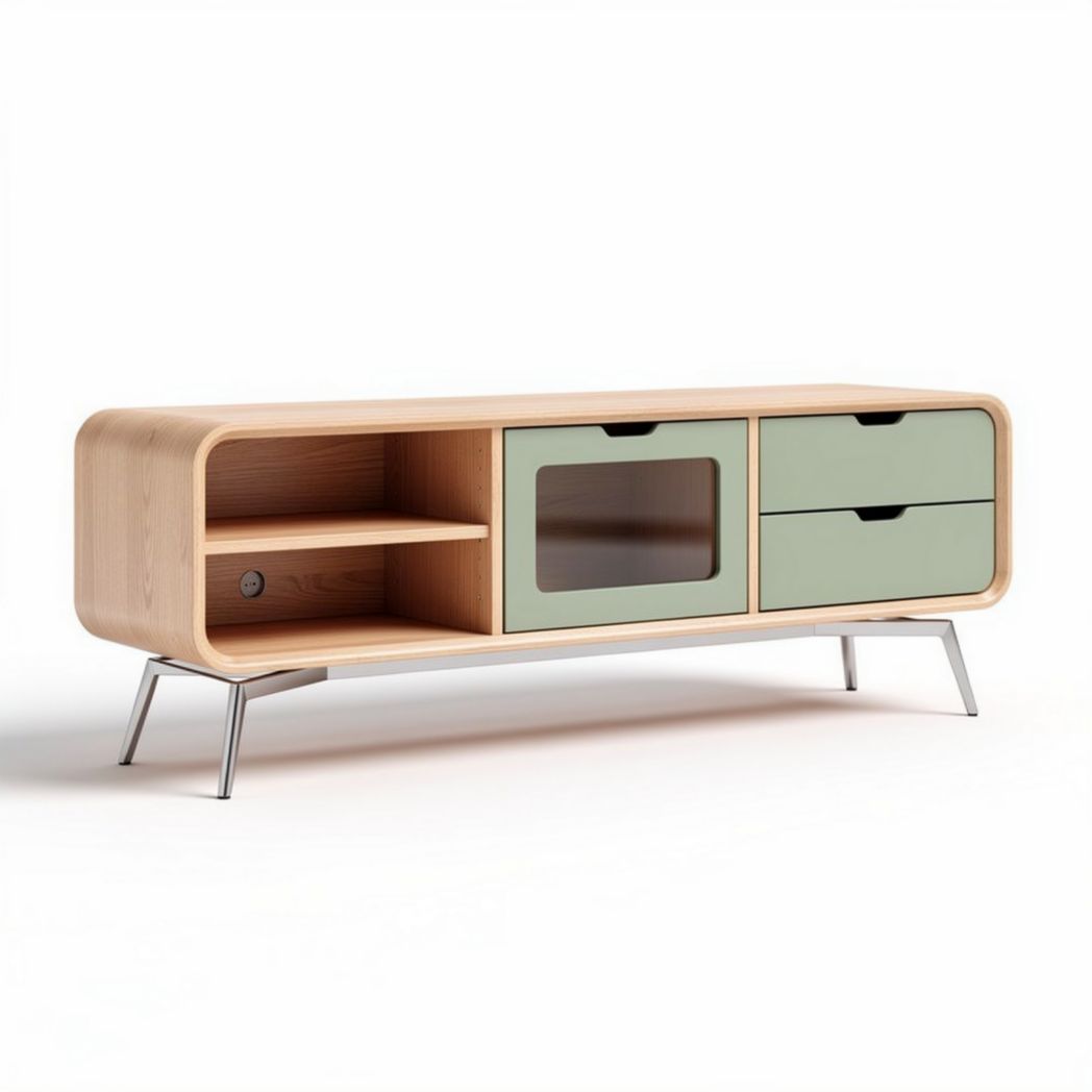 Lage tv-meubel van hout met groen gelakte lades en glasdeur 120 x 40 x 45cm