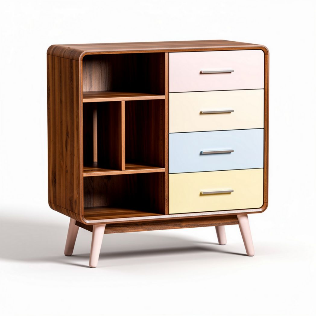 Natuurlijk houten kast met 4 lades en open vakken 80 x 40 x 90cm