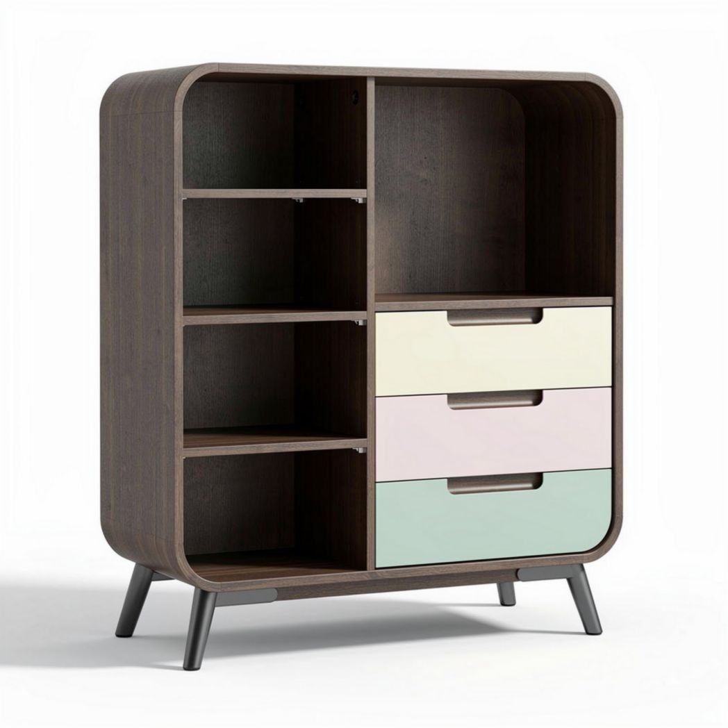 Houten kast met verstelbare planken en drie lades in pastelkleuren 80 x 40 x 90cm
