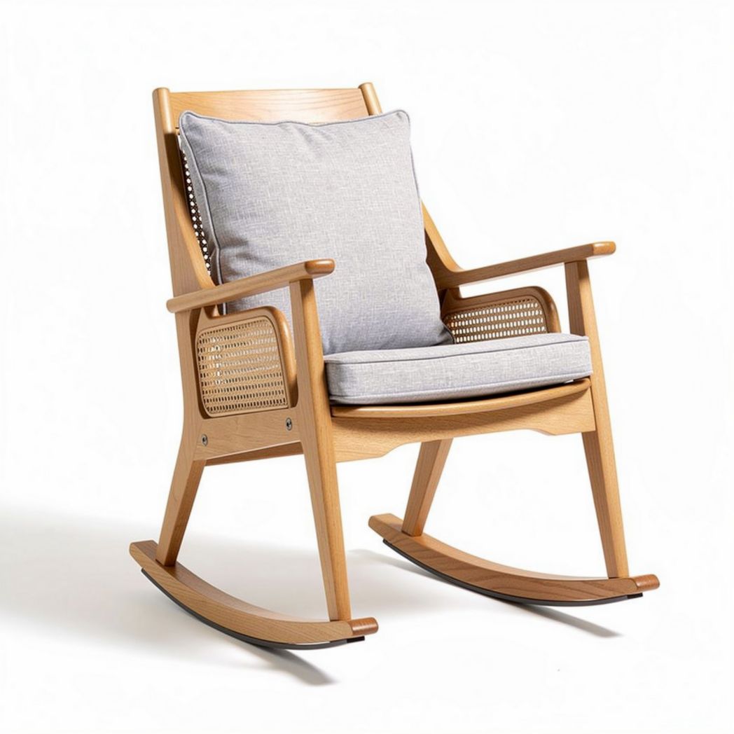 Houten schommelstoel met kussen 85 x 65 x 90cm beige en naturel