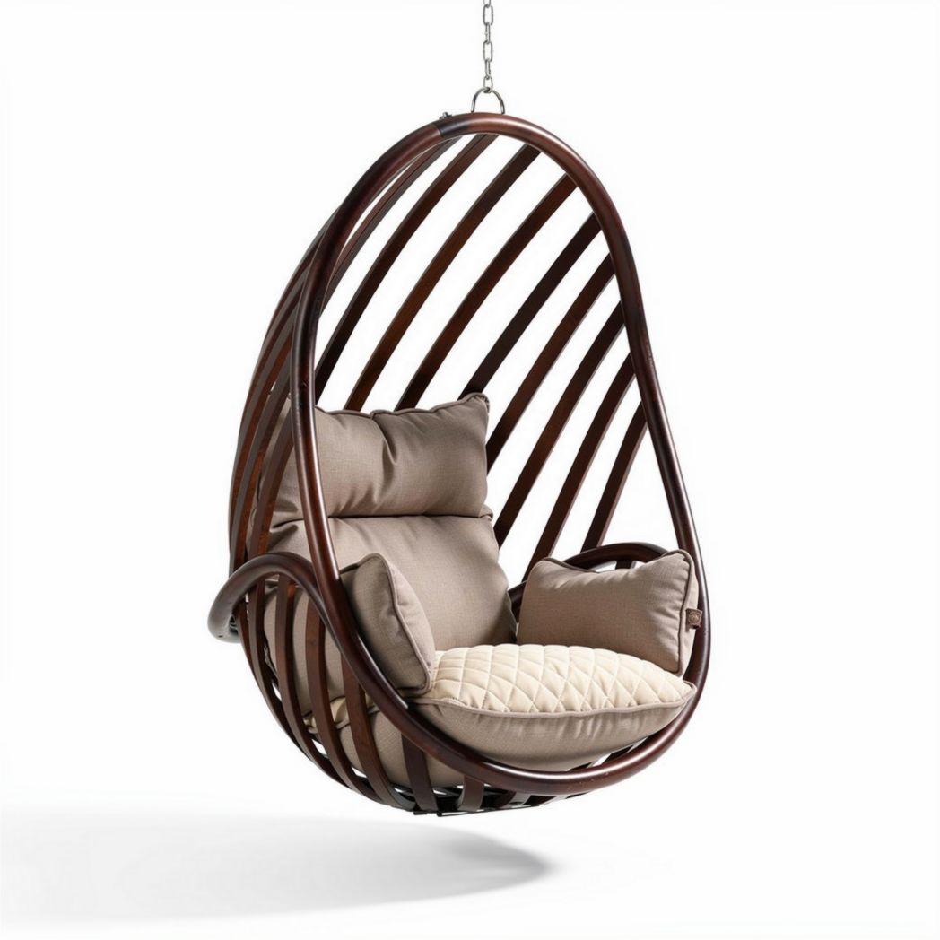 Hangende schommelstoel van hout met kussens in neutrale kleuren 90 x 70 x 120cm