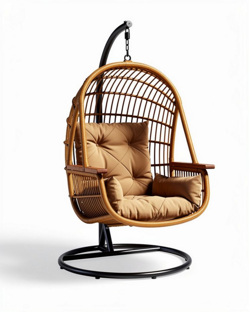 Hangstoel van rotan met een stalen basis en een beige kussen 90 x 70 x 120cm