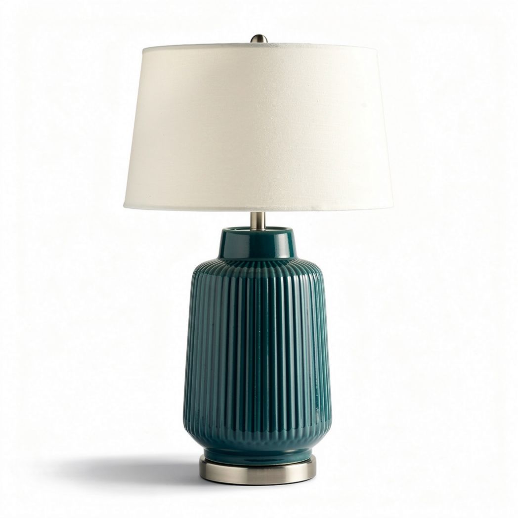 Tafellamp van keramiek in teal met een witte stoffen lampenkap 30 x 15 x 15cm